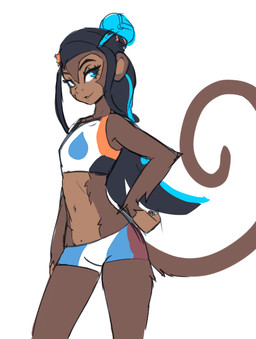 alternate_species anthro anthrofied black_hair blue_eyes bra brown_body brown_fur clothing female fur gym_leader hair hand_on_hip long_hair midriff navel pose simple_background solo sports_bra standing underwear white_background unknown_artist nintendo pokemon misty_(pokemon) nessa_(pokemon) haplorhine humanoid mammal monkey primate