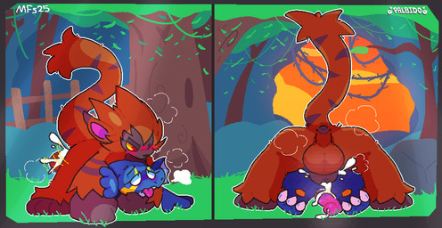 anal anal_penetration anthro balls big_balls blue_body blush bodily_fluids claws cum cum_in_ass cum_inside cumshot_in_ass duo fur genital_fluids genitals leaking_cum male male/male one_eye_closed orange_body orange_fur outside penetration penis size_difference tongue tongue_out matchesyashi palworld pocketpair gobfin gorirat_terra pal_(species) 2025 hi_res