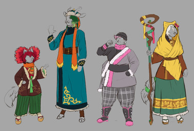 anthro black_hair blue_hair boots bottomwear breasts brown_hair clothed clothed_anthro clothed_female clothed_human clothing coat female footwear fur group hair hat headgear headwear horn multicolored_hair navel pants red_hair robe sandals scarf shoes staff standing tail topwear two_tone_hair white_hair zendrid khepra_(zendrid) odessa_(zendrid) ragnith_(zendrid) xochitl_(zendrid) antelope bovid canid canine canis coyote human mammal raccoon_dog tanuki absurd_res hi_res