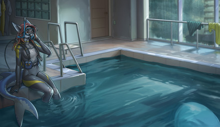 air_tank anthro breathing_apparatus clothed clothing diving_mask diving_suit female fingers hair mask partially_submerged regulator scuba scuba_gear sitting skinsuit solo swimming_pool tight_clothing water seanwaald aquatic fish shark digital_media_(artwork)