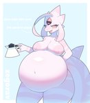 3_eyes anthro big_breasts big_butt bodily_fluids breasts butt female heterochromia hi_res huge_breasts hyper hyper_breasts hyper_pregnancy lactating looking_at_viewer multi_eye pink_body pregnant pregnant_female reptile scalie shark_tail solo striped_body stripes text thick_thighs zegorav