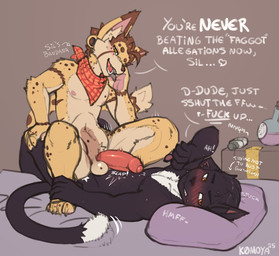 anal anal_penetration anthro armlet_(marking) balls black_body blush blush_lines bracelet_(marking) brown_hair brown_spots claws countershade_torso countershading covering covering_face cowgirl_position dipstick_ears dipstick_tail duo ear_markings ear_piercing embarrassed erection feet finger_claws foot_grab foreskin from_front_position gauged_ear genitals hair half-erect homophobic_slur humanoid_genitalia humanoid_penis kerchief kerchief_only looking_at_another looking_at_partner looking_at_viewer lying male male/male markings multicolored_ears narrowed_eyes navel on_back on_bottom on_top open_mouth open_smile orange_eyes orientation_play pawpads penetration penile penile_penetration penis penis_in_ass penis_shadow piercing pink_inner_ear pink_pawpads red_kerchief sex slur smile spots tail tail_markings text toe_claws white_body white_countershading yellow_body yellow_eyes k0moya sil_blackmon will_(k0moya) domestic_cat felid feline felis mammal serval english_text