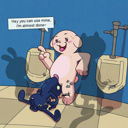 abdominal_bulge balls bathroom blush bodily_fluids crossgender deep_throat drinking drinking_urine duo genital_fluids genitals male male/male oral oral_penetration penetration penis public public_restroom silhouette sweat tongue urinal urine urine_in_mouth urine_inflation watersports argon_vile bits_and_bops bit_(bits_and_bops) bop_(bits_and_bops) canid canine canis domestic_cat domestic_dog felid feline felis mammal 1:1 hi_res female_(lore)