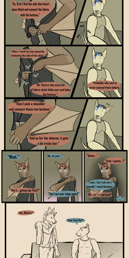 anthro anxiety black_hair blue_hair blue_highlights blue_tattoo bodily_fluids bottomwear brown_body claws clothed clothed_anthro clothing comic_panel dialogue dressing duo embarrassed fangs finger_claws furniture gloves_(marking) hair highlights_(coloring) inner_monologue male male/male markings onomatopoeia pants pants_only red_body red_hair shorts sofa sound_effects surprised sweat sweatdrop tattoo teeth text texting thinking topless topwear vest white_body worried familiar_nobody famno_(familiar_nobody) bat bull_terrier canid canine canis domestic_dog flying_fox hunting_dog hybrid mammal megabat terrier absurd_res character_name comic english_text guide_lines hi_res monochrome restricted_palette sketch