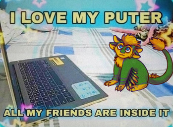 4_ears anthro bed blue_eyes computer electronics feathered_wings feathers furniture green_body green_feathers laptop male multi_ear notebook orange_body orange_feathers purple_body purple_feathers shitpost solo text winged_arms wings yellow_body yellow_feathers lucas_14kvard i_love_my_puter tiskanomicon avali english_text hi_res meme