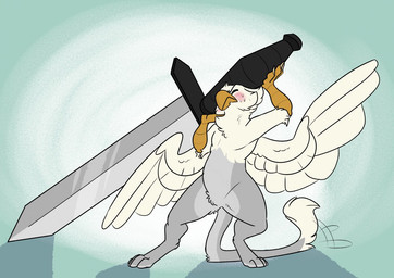 ambiguous_gender anthro bodily_fluids dagger digitigrade eyes_closed holding_melee_weapon holding_object holding_sword holding_weapon lifting_object melee_weapon micro solo sweat sword weapon wings stupidshepherd mythology avian gryphon mythological_avian mythological_creature