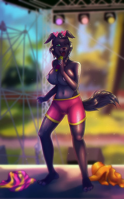 4_toes anthro barefoot big_breasts bottomwear breasts claws clothed clothing discarded_clothing eyewear feet female glasses nipples plantigrade popstar public public_nudity shorts singer singing solo stage toes topless scarich electropop pop_music rift_seekers_saga jasmine_fouche canid canine canis mammal wolf absurd_res hi_res