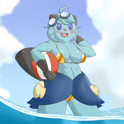 ahoge anthro athletic athletic_anthro athletic_female ball beach_ball big_breasts blue_body blue_eyes blue_fur blue_hair blue_sclera blush breasts clothing cloud dripping eyewear eyewear_on_head female fur goggles goggles_on_head gold_swimwear hair inflatable looking_at_viewer low-angle_view outside partially_submerged scalchop sea snaggle_tooth solo swimwear thick_thighs water kamek_sans golden_week nintendo pokemon amalia_(kamek_sans) dewott generation_5_pokemon pokemon_(species) 1:1 absurd_res hi_res