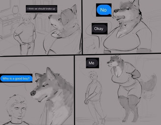 anthro biped bottomwear breasts clothed clothing detailed_background dialogue female fur good_boy human_on_anthro interspecies larger_female male multicolored_body size_difference smaller_human smaller_male tail text thick_thighs topwear doctordj canid canine canis human mammal wolf comic english_text hi_res