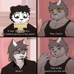 4_fingers anthro black_hair claws clothed clothing dialogue eyebrows eyes_closed fingers fur grey_body grey_fur hair male open_mouth open_smile smile solo text catkitte bonehand_(catkitte) panda_(catkitte) ugly_cat_(catkitte) bear domestic_cat felid feline felis giant_panda mammal 1:1 comic english_text hi_res