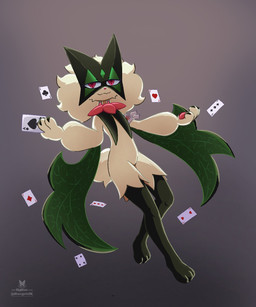 ace_of_clubs ace_of_diamonds ace_of_hearts ace_of_spades ambiguous_gender anthro card choice_band claws featureless_crotch flat_chested four_of_spades fur green_body green_fur green_hair hair half-closed_eyes looking_at_viewer narrowed_eyes pawpads paws pink_eyes playing_card simple_background solo tail three_of_clubs three_of_diamonds two_of_hearts razgrizdl nintendo pokemon rose_(razgrizdl) felid feline generation_9_pokemon mammal meowscarada pokemon_(species) 2025 5:6 hi_res signature female_(lore)