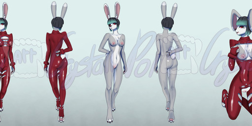 3_toes 5_fingers anthro areola arms_bent bangs bent_legs biped black_claws black_eyebrows black_hair black_nose blue_hair bodysuit breasts buckteeth butt butt_markings claws clothed clothed_anthro clothed_female clothing collarbone dipstick_ears ear_markings exposed_breasts eyebrows eyelashes feet female female_anthro finger_claws fingers fur genitals gradient_background grey_body grey_fur hair heart_(marking) humanoid_genitalia humanoid_vulva inner_ear_fluff kneeling latex latex_bodysuit latex_clothing latex_skinsuit light lips logo long_ears looking_at_viewer markings medium_breasts mismatched_genitalia mismatched_humanoid_vulva mismatched_vulva mouth_closed multicolored_ears multicolored_hair navel nipples open_mouth open_smile pawpads pink_areola pink_inner_ear pink_lips pink_nipples pink_pawpads pink_vulva red_bodysuit red_clothing red_eyes red_skinsuit revealing_breasts revealing_pussy scut_tail short_hair short_tail simple_background skinsuit slim_anthro slim_female smile smiling_at_viewer solo standing tail teeth thick_bottom_lip tight_clothing toe_claws toes torn_bodysuit torn_clothing torn_skinsuit tuft two_tone_hair vulva white_body white_ear_tips white_fur white_inner_ear_fluff white_markings white_tail polarrcrystall azalea_(stormofchaos) lagomorph leporid mammal rabbit 2026 artist_logo colored digital_drawing_(artwork) digital_media_(artwork) distracting_watermark english_description hi_res lighting model_sheet shaded watermark