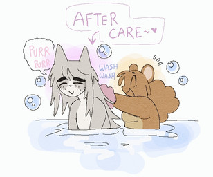 aftercare ambiguous_gender anthro bathing bathroom blush blush_lines brown_body brown_fur brown_hair bubble cartoon_freckles circle_eyebrows closed_smile countershade_face countershade_torso countershading dreadlocks duo emanata eyebrows eyes_closed female freckled_face freckles fur grey_body grey_fur grey_hair hair heart_symbol kinky_hair long_hair mouth_closed noseless nude onomatopoeia open_mouth open_smile overweight overweight_ambiguous overweight_anthro overweight_female partially_submerged pink_text predator/prey purring side_view simple_background smile sound_effects speech_bubble sponge text thick_eyebrows water water_ripple white_background wolfertinger hitch_(wolfertinger) hitomi_(wolfertinger) domestic_cat felid feline felis mammal mouse murid murine rodent 2025 colored_sketch english_text sketch trans_(lore) trans_man_(lore) trans_woman_(lore)