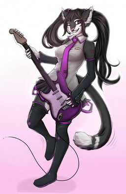 5_fingers absolute_territory alternative_fashion anthro black_hair bottomwear breasts clothed clothing cosplay cyberpop dipstick_tail electric_guitar eyebrows eyelashes female fingers guitar hair j-fashion legwear markings multicolored_tail musical_instrument one_leg_up pigtails pink_nose playing_music plucked_string_instrument purple_eyes raised_leg simple_background skirt smile solo standing string_instrument tail tail_markings teeth thigh_highs white_background robyn_paperdoll vocaloid hatsune_miku domestic_cat felid feline felis mammal digital_media_(artwork) hi_res shaded