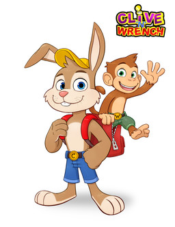 3_toes 4_fingers anthro arms_bent backpack barefoot belt belt_buckle black_belt black_eyebrows blue_eyes bottomwear brown_body brown_eyebrows brown_fur brown_hair brown_tail buckle buckteeth cheek_tuft closed_smile clothed clothed_anthro clothed_male clothing duo eyebrows facial_tuft feet fingers fist fur gesture green_bottomwear green_clothing green_eyes green_shorts hair hand_on_hip hand_on_own_hip hat headgear headwear in_backpack larger_anthro larger_male light long_ears looking_at_viewer male male_anthro mouth_closed multicolored_body multicolored_fur open_mouth open_smile pink_nose pink_tongue red_backpack short_hair shorts simple_background size_difference smaller_anthro smaller_male smile smiling_at_viewer standing straight_legs tail tan_body tan_feet tan_fur tan_hands tan_skin teeth text title toes tongue topless topless_anthro topless_male tuft two_tone_body two_tone_fur waving waving_at_viewer whisker_spots whiskers white_background yellow_clothing yellow_hat yellow_headwear luigil clive_'n'_wrench numskull_games clive_(clive_'n'_wrench) wrench_(clive_'n'_wrench) haplorhine lagomorph leporid mammal monkey primate rabbit 2017 absurd_res colored digital_drawing_(artwork) digital_media_(artwork) english_description english_text hi_res lighting official_art shaded