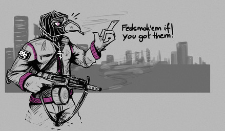 anthro cigarette city city_background cityscape dialogue gun jewelry male mask necklace ranged_weapon smoke smoking smoking_cigarette smoking_gun solo text weapon mawkvlt orthodox_christianity izaan_raysmith_(mawkvlt) avian bird corvid corvus_(genus) crow oscine passerine