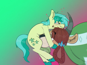ambiguous_gender balls blue_hair blue_hooves blue_tail blush blush_lines brown_hair clothing cutie_mark duo eyelashes fellatio female feral fur genitals green_balls green_body green_clothing green_ears green_fur grey_horn hair hooves horn male oral penile quadruped sex tail tan_body tan_ears tan_fur gafftopsail friendship_is_magic hasbro my_little_pony sandbar_(mlp) yona_yak_(mlp) bovid bovine equid equine horse mammal pony yak 2025 hi_res
