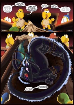anthro ball_gag bdsm black_border bondage border bound castle comic_panel feral forced fur_ridge gag gagged genitals group latex male male/male muscular nude open_mouth penis slave smile spikes tail text tongue pricethecamel mario_bros mythology nintendo dinosaur dragon koopa koopa_troopa mythological_creature mythological_scalie prehistoric_species red_yoshi reptile scalie tortoise turtle yoshi comic cover digital_media_(artwork) english_text hi_res