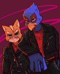 anthro beak biped black_leather_jacket blue_body blue_feathers clothing duo feathers fur jacket leather leather_clothing leather_jacket leather_topwear male orange_body orange_fur tongue tongue_out topwear mono_ji_u nintendo star_fox falco_lombardi fox_mccloud avian bird canid canine fox mammal hi_res