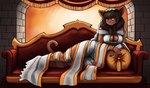 anthro breasts brown_body brown_fur brown_hair cleavage clothed clothing cosplay crossover_cosplay female freckles fur furniture hair lying on_side pillow sofa solo zelles ankama dark_souls dofus fromsoftware wakfu gwynevere miranda_(wakfu) ecaflip felid mammal 2022 crossover hi_res