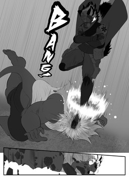 abstract_background anthro blood blood_on_face bodily_fluids clothing duo fight fullbody_suit gas_mask hair inside jumping kick male mask motion_blur motion_lines nosebleed onomatopoeia pouch_(clothing) shirt size_difference sound_effects straps sweat tank_top text topwear tusks violence white_hair viola_bat victor_johansen canid canine fox mammal suid suine sus_(pig) wild_boar absurd_res comic hi_res monochrome