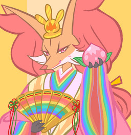 ambiguous_anthro ambiguous_gender anthro asian_clothing blush cheek_tuft clothed clothed_ambiguous clothed_anthro clothing crown east_asian_clothing facial_tuft folding_fan food fruit fur hand_fan headgear holding_food holding_fruit holding_object inner_ear_fluff japanese_clothing kimono multicolored_clothing multicolored_topwear narrowed_eyes peach_(fruit) plant rainbow_clothing rainbow_topwear simple_background solo topwear tuft gd-058 hinamatsuri nintendo pokemon canid canine delphox generation_6_pokemon mammal pokemon_(species) 2024 digital_media_(artwork) half-length_portrait hi_res portrait warm_colors