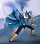 anthro black_body black_fur blue_body blue_fur clothed clothing fur i_am_the_storm_that_is_approaching light male melee_weapon outside pose purple_eyes raining simple_background solo sunlight sword weapon e-01 capcom devil_may_cry nintendo pokemon canid canine generation_4_pokemon lucario mammal pokemon_(species) crossover hi_res