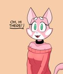 anthro black_text breasts cleavage clothed clothing collar dialogue female fur green_eyes looking_at_viewer markings pink_body pink_ears pink_fur pink_tail shoulderless_sweater solo tail text white_markings white_nose hitsuji super_planet_dolan shima_luan felid feline mammal english_text