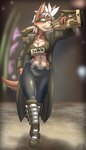 4_fingers abs anthro athletic athletic_anthro athletic_female belt big_breasts black_nose blurred_background boots bottomwear breasts cleavage clothed clothing coat crop_top eyewear female fingers footwear fur gun hair humanoid_hands long_coat mohawk multicolored_body multicolored_fur navel navel_piercing nipple_outline pants piercing railgun ranged_weapon red_body red_fur rifle shirt shoes smile solo sunglasses tan_body tan_fur text text_on_clothing text_on_topwear topwear two_tone_body two_tone_fur under_boob walking weapon white_hair scythemouse nintendo star_fox fan_character rebel_o'donnell canid canine canis mammal wolf 2020 digital_media_(artwork) signature