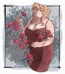 anthro big_breasts blonde_hair breasts brown_body clothing dress female flower hair holding_flower holding_object holding_rose plant red_clothing red_dress rose_(flower) slightly_chubby solo niochem bianca_(niochem) domestic_pig mammal suid suina sus_(pig) 2023 hi_res