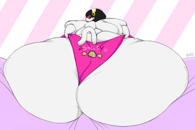 anthro back_rolls bed big_butt black_hair butt butt_focus clothed clothing clothing_pull ear_piercing ear_ring eyeshadow fat_arms female food_print foreshortening fur furgonomics furniture hair highlights_(coloring) huge_butt huge_hips hyper hyper_butt hyper_hips lidded_eyes looking_back makeup mascara morbidly_obese morbidly_obese_anthro morbidly_obese_female obese obese_anthro obese_female on_bed overweight overweight_anthro overweight_female panties panties_only panty_pull pattern_background piercing pink_clothing pink_highlights pink_panties pink_underwear rear_view ring_piercing short_hair simple_background sitting sitting_on_bed skimpy solo striped_background tail tail_clothing text text_on_clothing text_on_panties text_on_underwear topless underwear underwear_only underwear_pull white_body white_fur wide_hips yellow_sclera xero_(artist) deltarune undertale_(series) catti_cattenheimer domestic_cat felid feline felis mammal 2020 hi_res signature