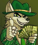 anthro claws clothing fedora fur furgonomics gangster gesture green_clothing green_eyes grin hair hand_gesture hat headgear headwear inner_ear_fluff jewelry long_hair male money necktie ring sharp_teeth simple_background smile solo suit tan_body tan_fur teeth thumbs_up tuft astralupus gangster_spongebob canid canine canis mammal wolf absurd_res hi_res meme reaction_image