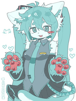 accessory alternate_species anthro arm_warmers armwear big_feet blue_body blue_eyes blue_fur blue_hair blue_necktie blush bottomwear breasts cat_tail claws clothing double_ponytail feet female fluffy fur furrification glistening glistening_pawpads hair heart_symbol logo long_hair necktie pawpads paws pink_pawpads ponytail simple_background skirt sleeveless_shirt solo tail white_background tarashi vocaloid yamaha_corporation hatsune_miku domestic_cat felid feline felis mammal 2026 artist_logo digital_drawing_(artwork) digital_media_(artwork) hi_res japanese_description