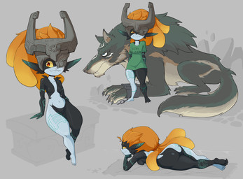 armor big_butt black_body breasts butt duo featureless_breasts featureless_crotch feet female feral front_view fur green_markings grey_background grey_body grey_fur hair headgear helmet humanoid_pointy_ears lying male markings navel on_front one_eye_obstructed orange_hair pointy_ears red_eyes simple_background small_breasts smile snaggle_tooth thick_thighs wide_hips yellow_sclera boobazaur nintendo the_legend_of_zelda twilight_princess link_(wolf_form) midna canid canine canis humanoid imp mammal twili wolf absurd_res hi_res