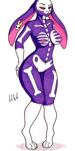anthro bare_shoulders biped black_sclera bone breasts curvy_figure eyebrows eyelashes female fur genitals hourglass_figure long_ears looking_at_viewer nipples nude simple_background skeleton smile solo standing thick_thighs vulva white_background haibet hare lagomorph leporid mammal rabbit 2019 hi_res traditional_media_(artwork)