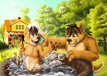 anthro bathing black_hair blue_eyes blue_sky brown_body brown_fur bubble closed_smile clothed clothing dual_persona duo ear_piercing ear_ring fangs fur glistening glistening_eyes hair happy logo male messy_hair mouth_closed open_mouth open_smile outside piercing plant ring_piercing short_hair sky smile splash tan_body tan_fur teeth topless tree water young young_anthro young_male pandapaco canid canine mammal artist_logo signature