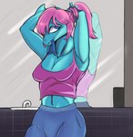 anthro arm_fins bathroom blue_body blue_eyes blue_skin bottomwear breasts cleavage clothed clothing female fin hair looking_back midriff mirror navel pants pink_hair shirt solo tank_top teeth topwear tying_hair deadassspider goodbye_volcano_high aurora_(gvh) dinosaur prehistoric_species reptile scalie hi_res