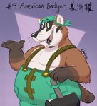 4_fingers anthro belly big_belly biped black_nose brown_body clothed clothing fingers male open_mouth overweight overweight_male simple_background solo suspenders text nookdae badger mammal mustelid musteline 2025 english_text hi_res