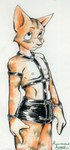 anthro bdsm bondage bottomwear bound clothing femboy fur harness male shorts simple_background solo reanimatedrabbit domestic_cat felid feline felis mammal portrait three-quarter_portrait traditional_media_(artwork)