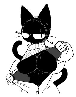 anthro biped black_body black_fur black_tail bodily_fluids breasts clothed clothing featureless_breasts female fingers flashing fur looking_at_viewer onesie pupils simple_background slit_pupils solo standing sweat tail white_background sabgong clock_cat_(sabgong) domestic_cat felid feline felis mammal monochrome