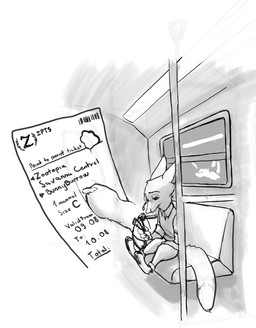 anthro barefoot clothed clothing feet fully_clothed fur holding_object inside inside_train male pawpads sitting solo text ticket train vehicle window robcivecat disney zootopia fan_character rinehart_nye_(wynn) canid canine fox mammal red_fox true_fox 2020 english_text greyscale monochrome story story_in_description