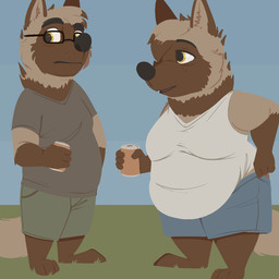 3_toes 4_fingers aged_up amber_eyes anthro barefoot belly belly_overhang beverage_can black_nose blue_sky bottomwear breasts brown_body brown_fur can clothing container duo eyebrows eyewear facial_markings feet female fingers fur glasses gloves_(marking) grass grey_clothing grey_shirt grey_topwear head_markings holding_can holding_container holding_object looking_aside male mane markings mask_(marking) mature_anthro mature_female mature_male obese obese_female open_mouth outside overweight overweight_female overweight_male plant shirt shorts sky standing striped_body striped_fur stripes tail tank_top toes topwear wearing_glasses whisker_spots white_clothing white_shirt white_tank_top white_topwear conditional_dnp tangerine_(artist) pack_street anneke_(weaver) wolter_(weaver) aardwolf hyena mammal 1:1 2026 aliasing binary_drawing digital_drawing_(artwork) digital_media_(artwork) full-length_portrait hi_res portrait brother_(lore) brother_and_sister_(lore) sibling_(lore) sister_(lore) twins_(lore)