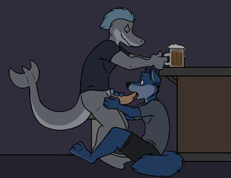 2_toes 3_toes 4_fingers alcohol ambiguous_gender anthro anthro_on_anthro bar bar_stool beer beer_mug beverage black_bottomwear black_clothing black_nose black_topwear blue_body blue_countershading blue_fur blue_hair blue_tail bottomless bottomwear cheek_tuft clothed clothing counter countershade_face countershade_tail countershade_torso countershading duo ear_piercing erection eyebrows eyes_closed facial_tuft feet fingers flippers fully_clothed fur furniture genitals grey_background grey_body grey_clothing grey_countershading grey_skin grey_tail grey_topwear hair hand_on_leg head_tuft holding_object inside interspecies licking looking_at_another looking_at_partner looking_up male male/ambiguous membrane_(anatomy) multicolored_body multicolored_fur on_ground oral penile penis penis_grab penis_lick piercing pink_penis plantigrade public raised_heel sex shirt short_hair shorts side_view simple_background sitting standing_on_toes stool t-shirt tail tapering_penis tiptoes toes tongue tongue_out topwear tuft two_tone_body two_tone_fur two_tone_tail under_table webbed_feet rotten_robbie robbie_(rotten_robbie) zoop aquatic canid canine canis cetacean dolphin mammal oceanic_dolphin toothed_whale wolf flat_colors