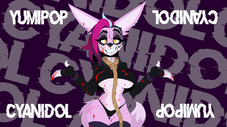 alternative_fashion anthro big_breasts biped black_clothing black_hair black_legwear black_nose black_panties black_stockings black_underwear blood bodily_fluids breasts clothed clothing countershade_face countershade_fur countershade_torso countershading dipstick_tail eyebrows female front_view fur goth grin hair highlights_(coloring) legwear looking_at_viewer markings midriff multicolored_body noose panties pink_body pink_fur pink_highlights skimpy smile solo stockings tail tail_markings text thigh_highs two_tone_body underwear white_body white_countershading white_fur white_markings jrvanesbroek yumi_pop_(jrvanesbroek) yumi_pop_(oc) canid canine fox mammal 16:9 2025 2026 album_cover cover english_text widescreen