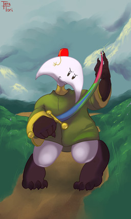 anthro clothed clothing cloud holding_object holding_weapon looking_at_viewer male multicolored_body outside smile solo standing text two_tone_body weapon white_body teratori art_fight roi_(rockpankake) miteling 2025 3:5 absurd_res digital_media_(artwork) english_text hi_res signature