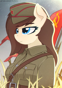 anthro brown_hair clothed clothing female hair hat headgear headwear long_hair looking_aside military_uniform outside side_cap smile solo soviet_flag standing uniform parabellumpony hasbro my_little_pony fan_character earth_pony equid equine horse mammal pony absurd_res hi_res