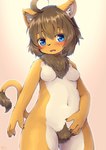 ahoge anthro blue_eyes blush breasts brown_hair featureless_breasts felid female fur hair hi_res kemono lion mammal multicolored_body multicolored_fur navel neck_tuft nude open_mouth pantherine pubes shiitakemeshi solo tuft