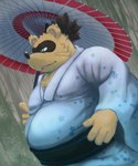 anthro asian_clothing belly big_belly brown_body brown_fur clothing east_asian_clothing fur green_eyes humanoid_hands japanese_clothing kemono male outside overweight overweight_male raining solo umbrella rockmai3 sengoku_puzzle tokugawa_ieyasu canid canine mammal raccoon_dog tanuki 2022 hi_res