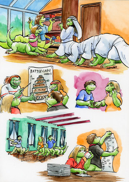 10_legs 3_toes 4_fingers accessory annoyed arms_aside arms_down auburn_hair battle_plan bent_arm big_hands black_clothing black_hair black_shirt black_topwear blonde_hair blue_clothing blue_shirt blue_sky blue_t-shirt blue_topwear bottomless bottomwear brown_hair building cabinet cake claws cloth cloth_roll clothed clothing coat container crossed_arms cup curtains day dessert diagram digit_ring directional_arrow door dot_eyes dress drinking earless eyes_closed eyewear feet female fingers floor food furgonomic_bottomwear furgonomics furniture gesture glass_window glasses green_body green_wall grin group hair hand_gesture hand_holding hand_on_face hands_on_hips hands_together hands_up headband headdress holding_container holding_cup holding_object holding_paper holding_pointer holding_stick host house inside jewelry long_hair looking_at_another looking_back looking_up male metric_unit multi_leg multi_limb open_mouth orange_claws orange_clothing orange_eyes orange_shirt orange_t-shirt orange_topwear orange_wall outside paper paper_stack path pattern_clothing pattern_shirt pattern_topwear pink_clothing pink_shirt pink_t-shirt pink_topwear pink_wall plant plantigrade pointer pointing ponytail putting_on_ring quadruped raised_hands raised_tail reading reading_paper red_clothing red_coat red_topwear ring scarf shirt short_hair short_tail shrub simple_background simple_eyes sitting sky smile snout sprawling_gait standing stick straight_hair striped_clothing striped_shirt striped_topwear stripes sweater t-shirt table tail tapering_tail tea_cup teal_curtains teeth text thick_tail toes tongue topwear tree walking wall_(structure) wedding wedding_dress wedding_ring wedding_veil white_background white_clothing white_dress white_headdress white_shirt white_t-shirt white_topwear window wood wood_floor writing_text yellow_eyes cervelet alice_(growing_troubles) anna_(growing_troubles) diana_(growing_troubles) liz_(growing_troubles) simon_(growing_troubles) lizard lizard_taur long_taur reptile reptile_taur scalie scalie_taur taur 2024 comic hi_res multiple_scenes painting_(artwork) shaded signature traditional_media_(artwork) traditional_painting_(artwork) traditional_watercolor_(artwork) watercolor_(artwork)