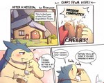 anthro blue_body building cheering container cup dialogue drinking duo house in_heat jewelry male mostly_offscreen_character mountain necklace red_eyes slightly_chubby slightly_chubby_male speech_bubble text text_box risenpaw nintendo pokemon pokemon_mystery_dungeon spike_chunsoft generation_2_pokemon generation_3_pokemon pokemon_(species) typhlosion zangoose comic english_text hi_res